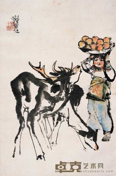 程十发  平安双鹿 立轴 74×48.5cm